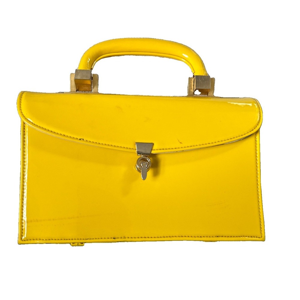 Meyers Vintage 1960s Box Purse Hand Bag Yellow Patent Leather Top Handle Read